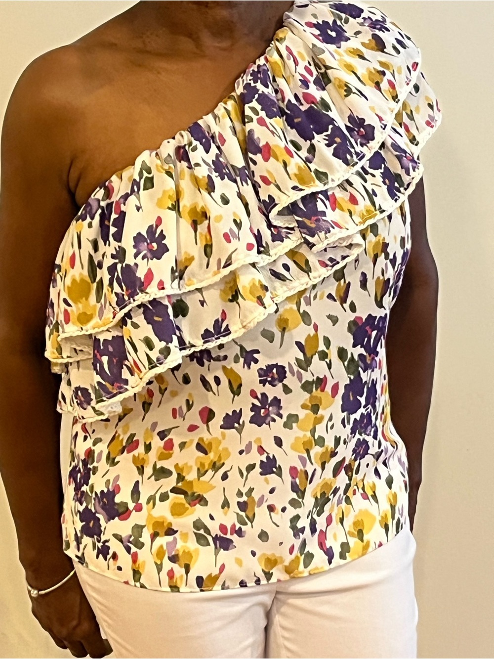 Saks Fifth Avenue One-Shoulder Floral Ruffle Top in White, Purple & Yellow